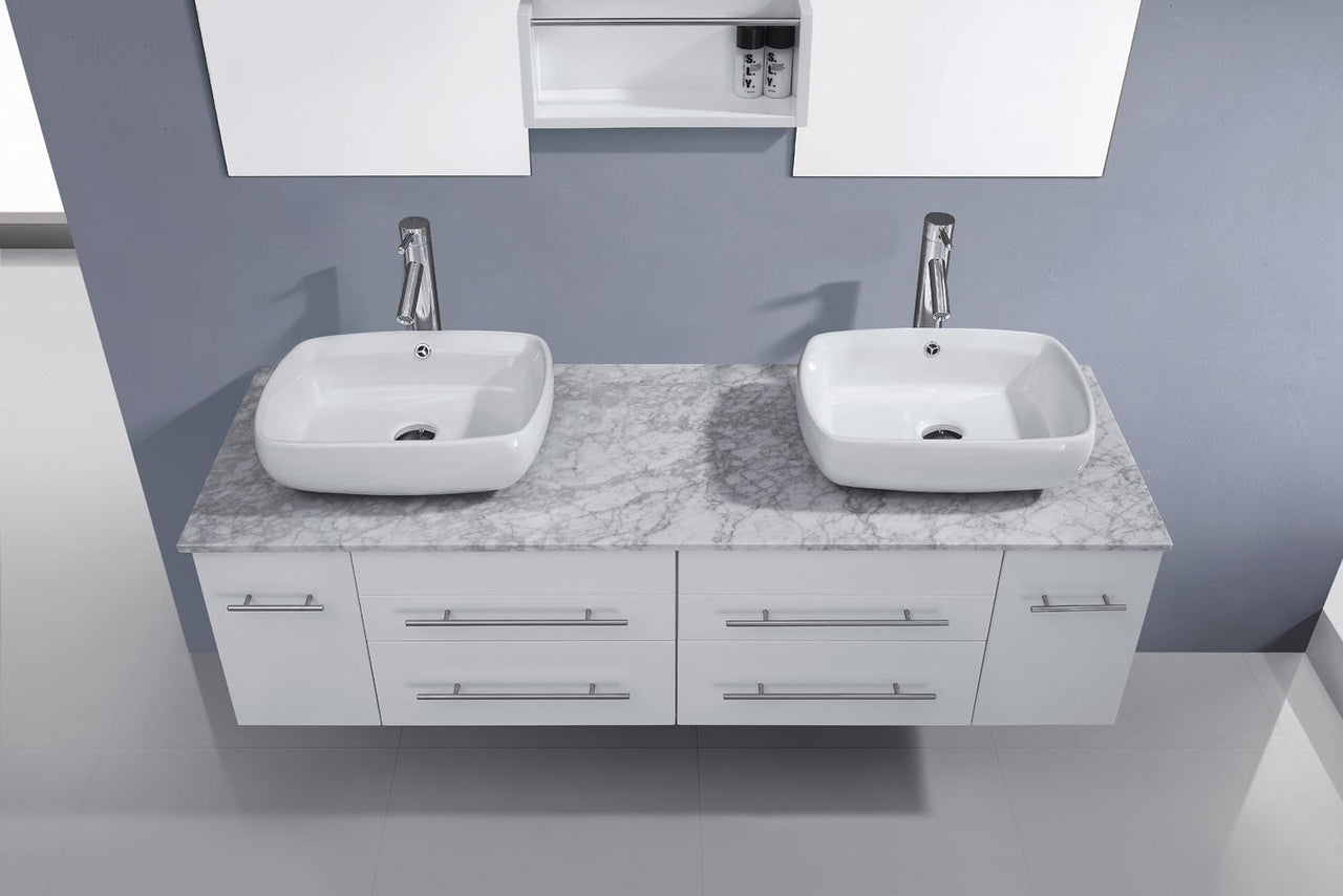 Virtu USA Augustine 59" Double Square Sink White Top Vanity in White with Brushed Nickel Faucet and Mirrors Vanity Virtu USA 