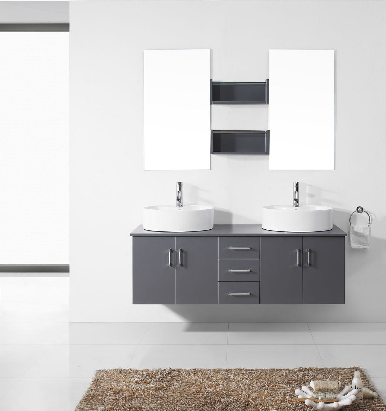 Virtu USA Enya 59" Double Round Sink Grey Top Vanity with Brushed Nickel Faucet and Mirrors Vanity Virtu USA 