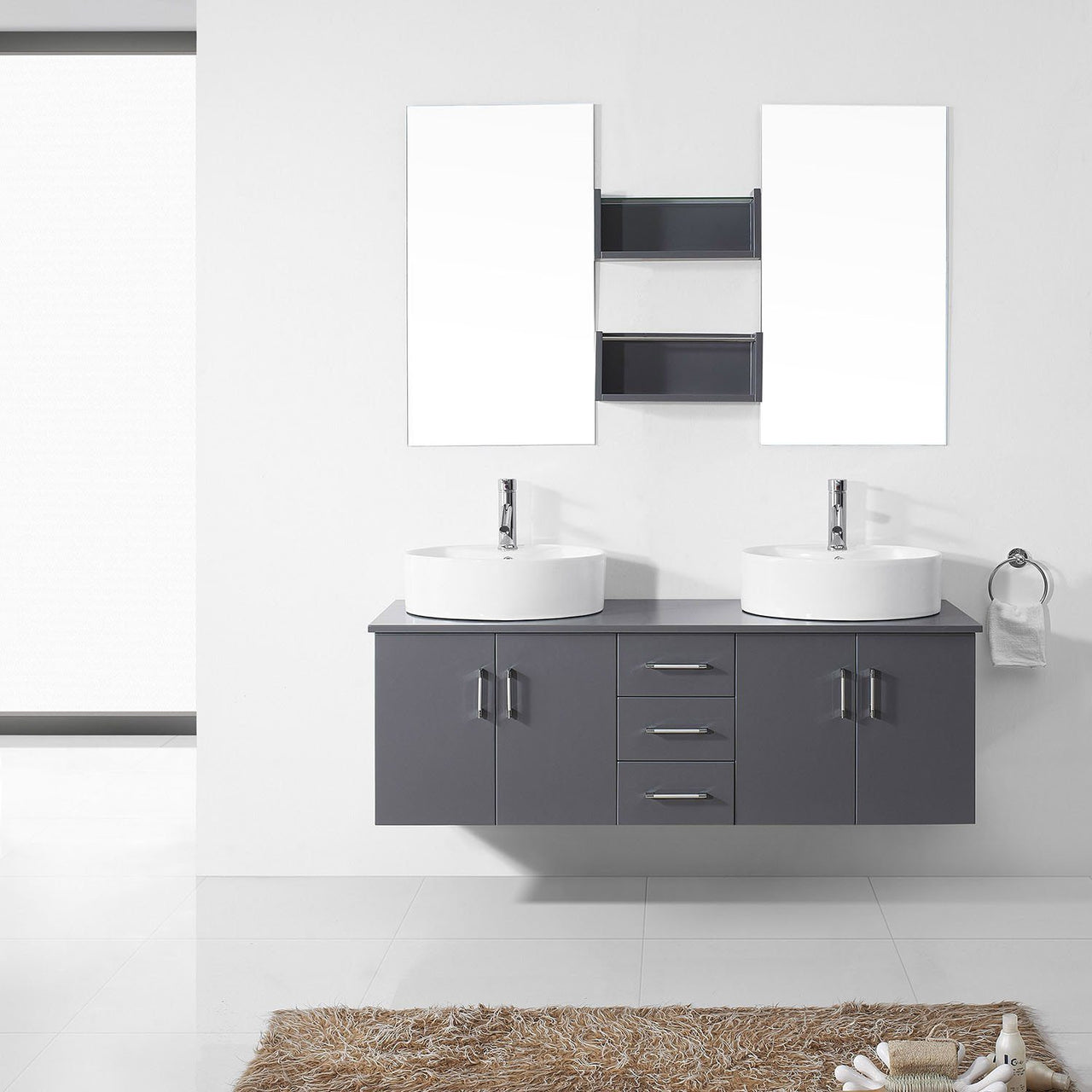 Virtu USA Enya 59" Double Round Sink Grey Top Vanity in Grey with Polished Chrome Faucet and Mirrors Vanity Virtu USA 