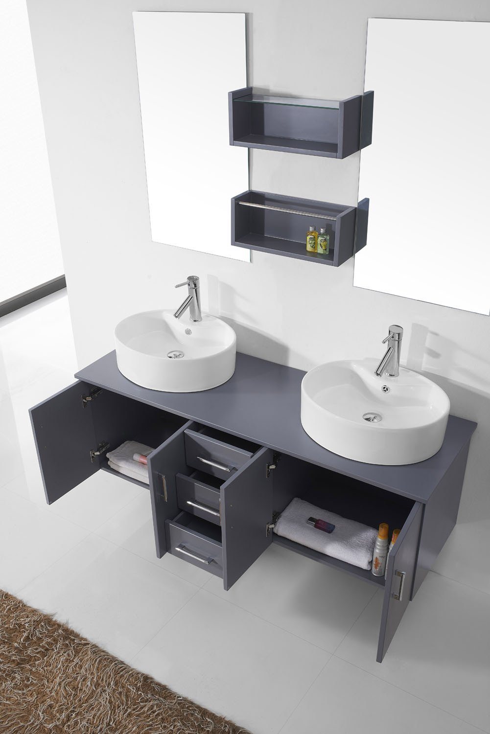 Virtu USA Enya 59" Double Round Sink Grey Top Vanity in Grey with Polished Chrome Faucet and Mirrors Vanity Virtu USA 