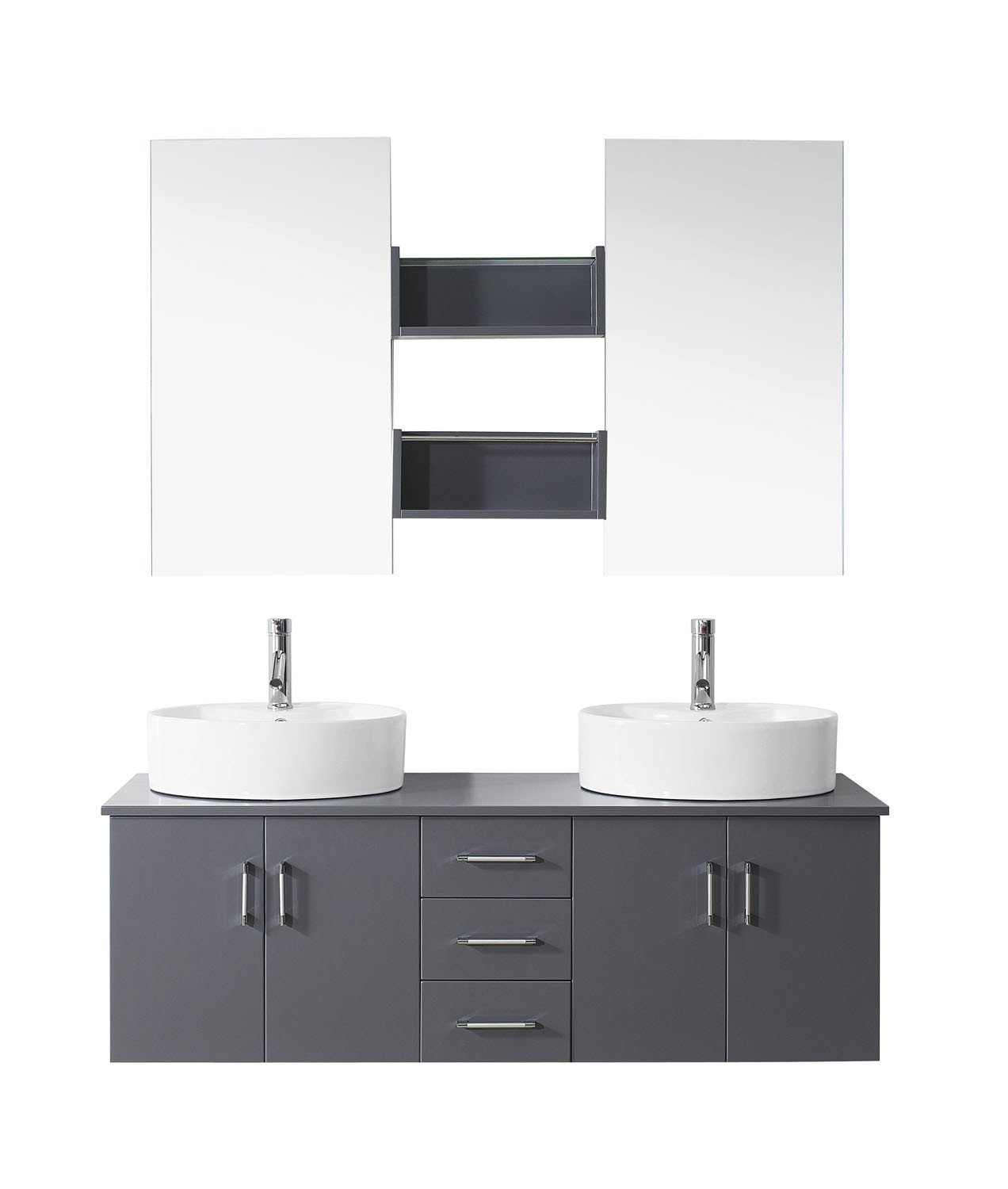 Virtu USA Enya 59" Double Round Sink Grey Top Vanity in Grey with Polished Chrome Faucet and Mirrors Vanity Virtu USA 