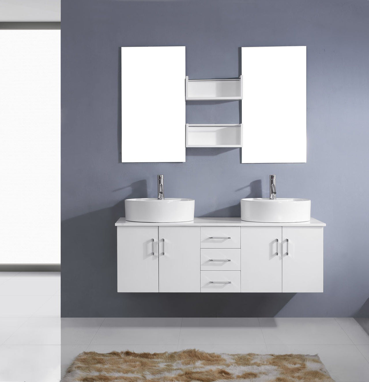 Virtu USA Enya 59" Double Round Sink White Top Vanity in White with Brushed Nickel Faucet and Mirrors Vanity Virtu USA 