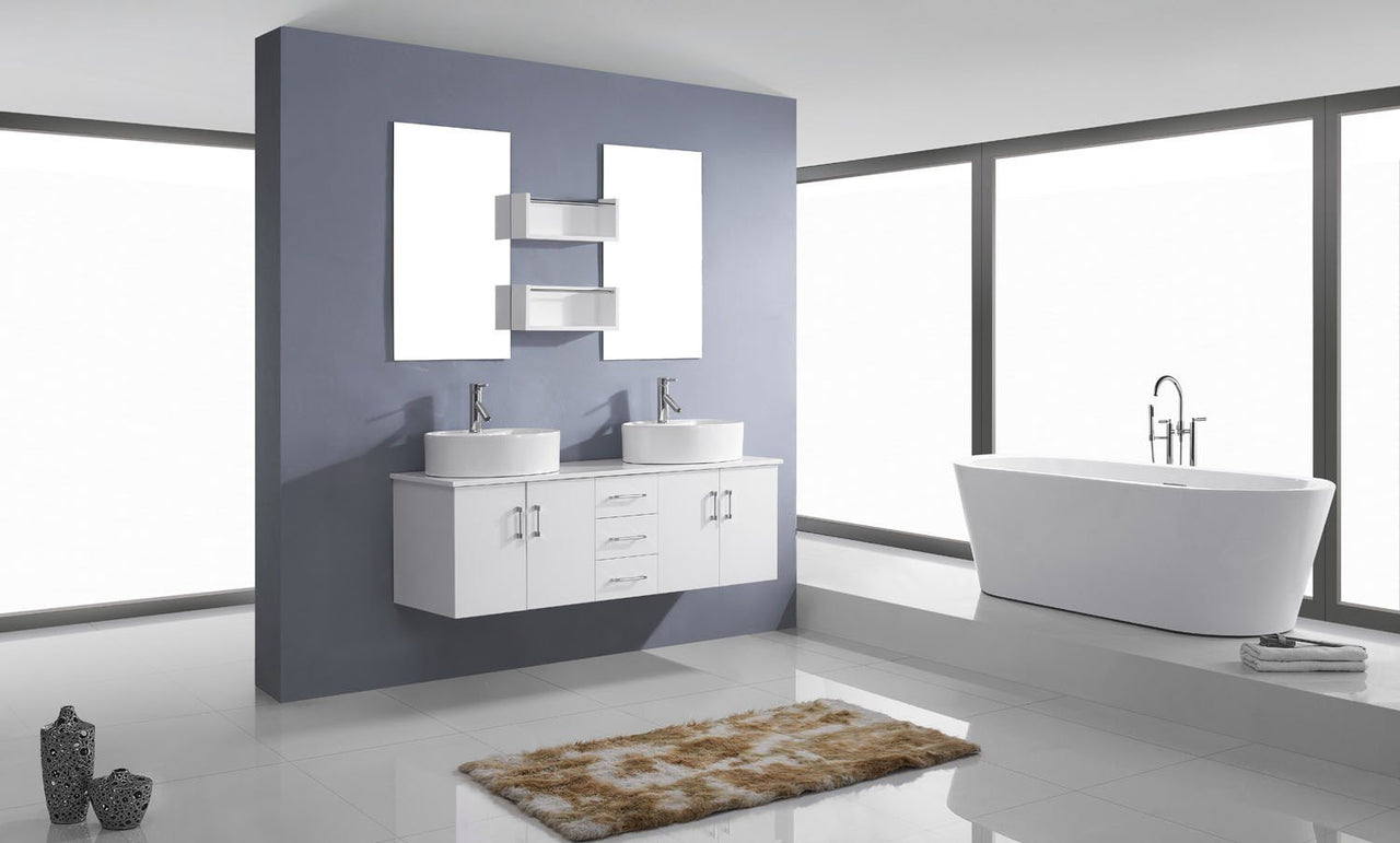 Virtu USA Enya 59" Double Round Sink White Top Vanity in White with Brushed Nickel Faucet and Mirrors Vanity Virtu USA 