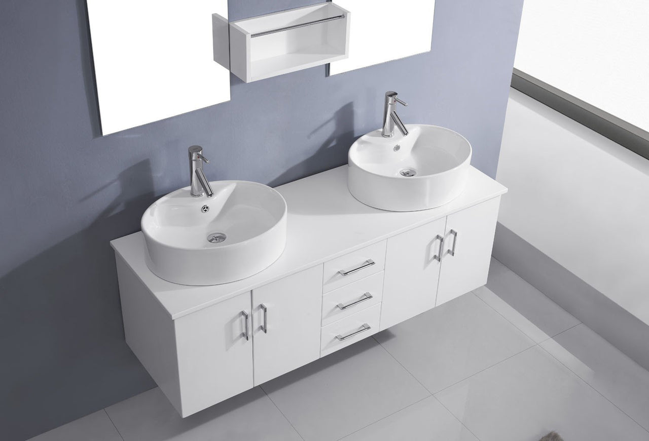 Virtu USA Enya 59" Double Round Sink White Top Vanity in White with Brushed Nickel Faucet and Mirrors Vanity Virtu USA 
