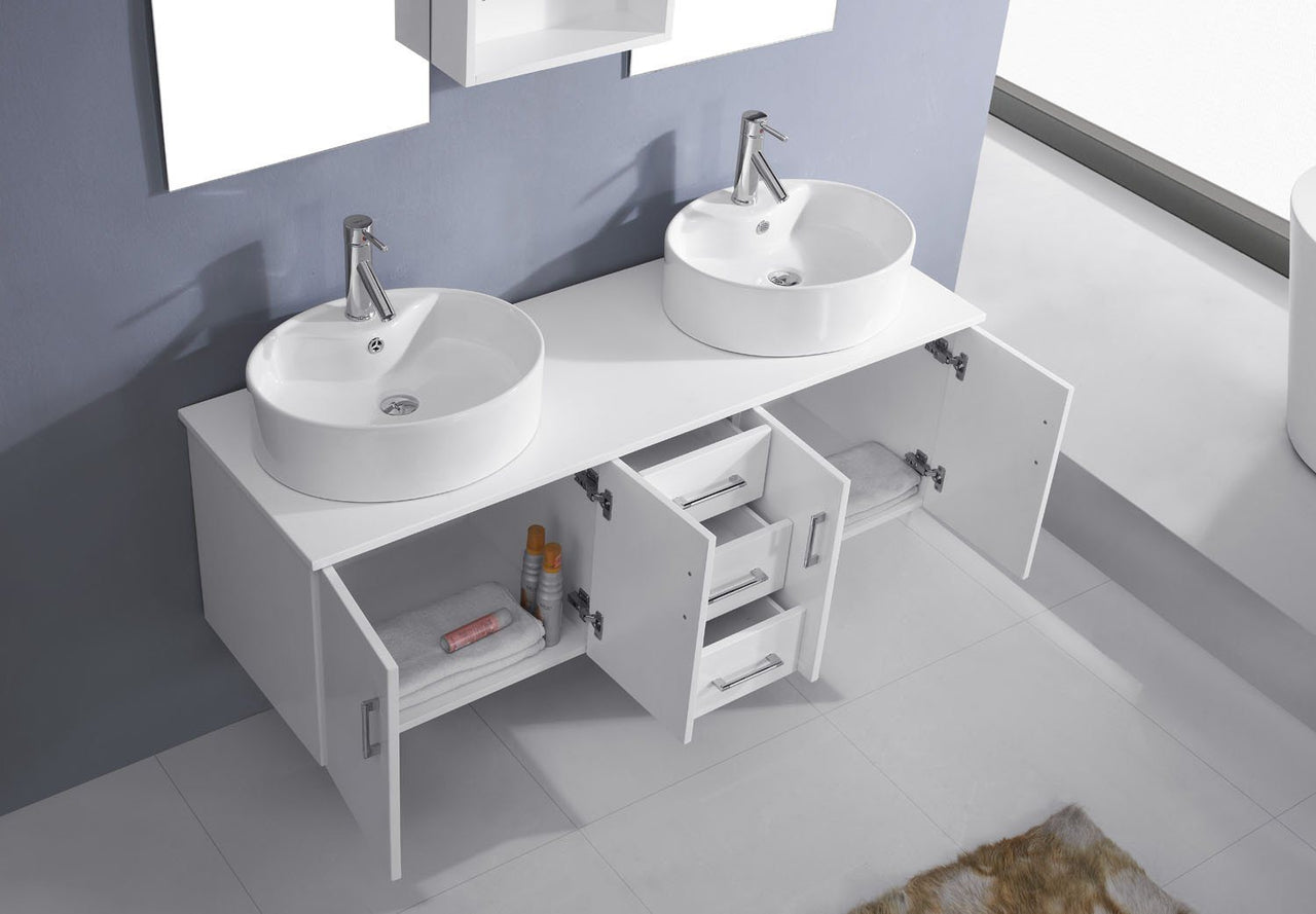 Virtu USA Enya 59" Double Round Sink White Top Vanity in White with Brushed Nickel Faucet and Mirrors Vanity Virtu USA 