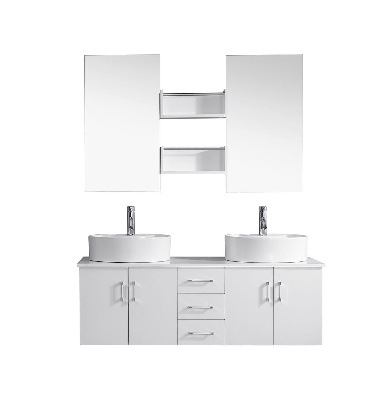 Virtu USA Enya 59" Double Round Sink White Top Vanity in White with Polished Chrome Faucet and Mirrors Vanity Virtu USA 