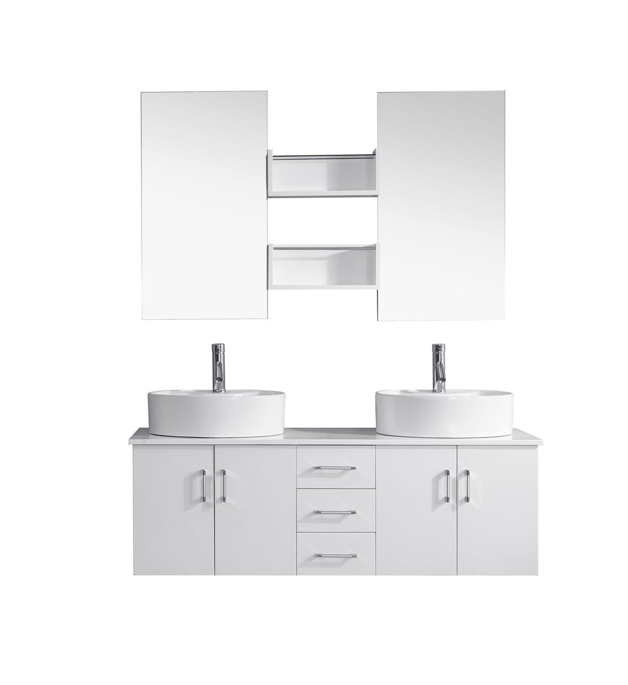 Virtu USA Enya 59" Double Round Sink White Top Vanity in White with Brushed Nickel Faucet and Mirrors Vanity Virtu USA 