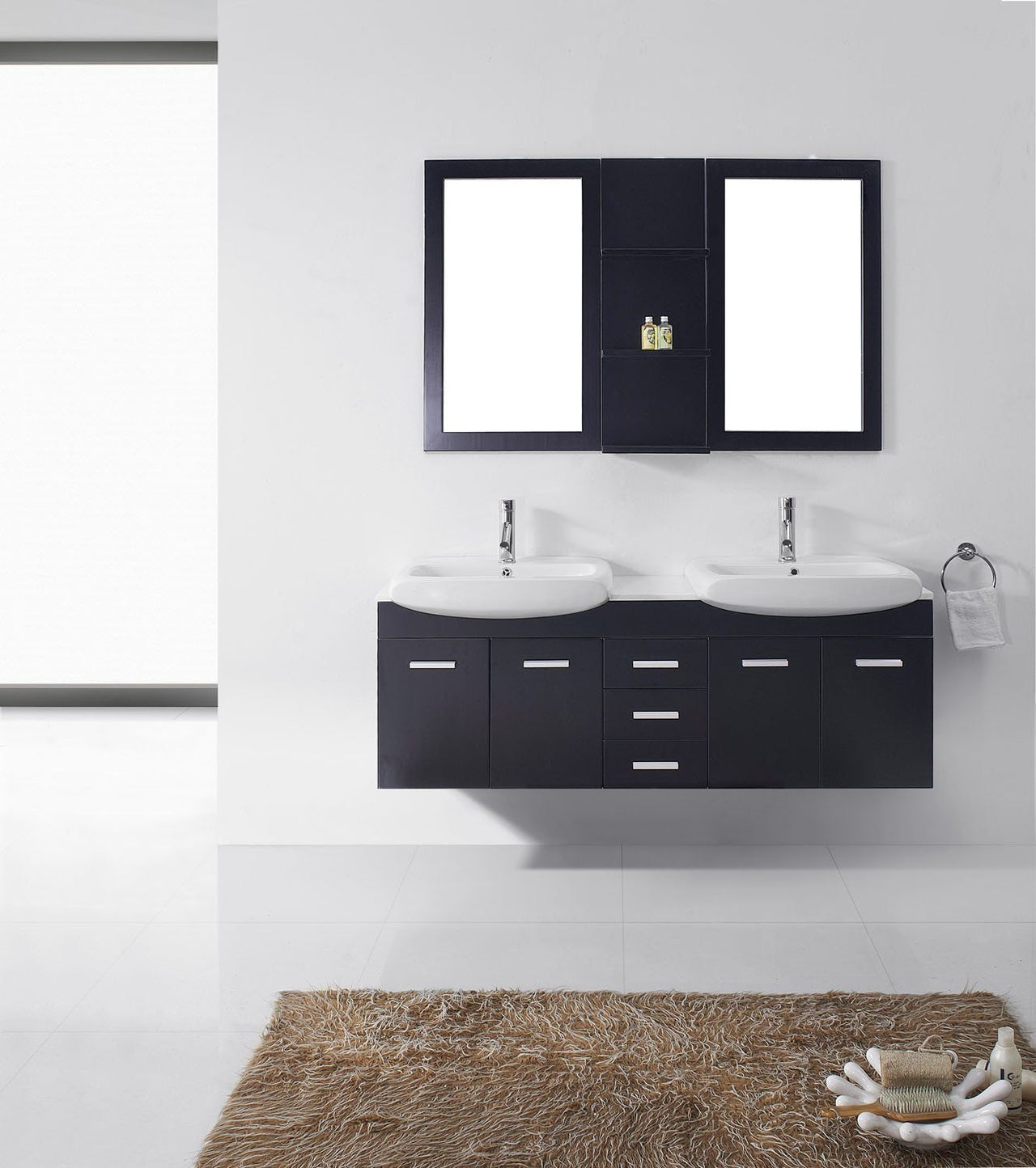 Virtu USA Ophelia 59" Double Square Sink Espresso Top Vanity in Espresso with Polished Chrome Faucet and Mirrors Vanity Virtu USA 