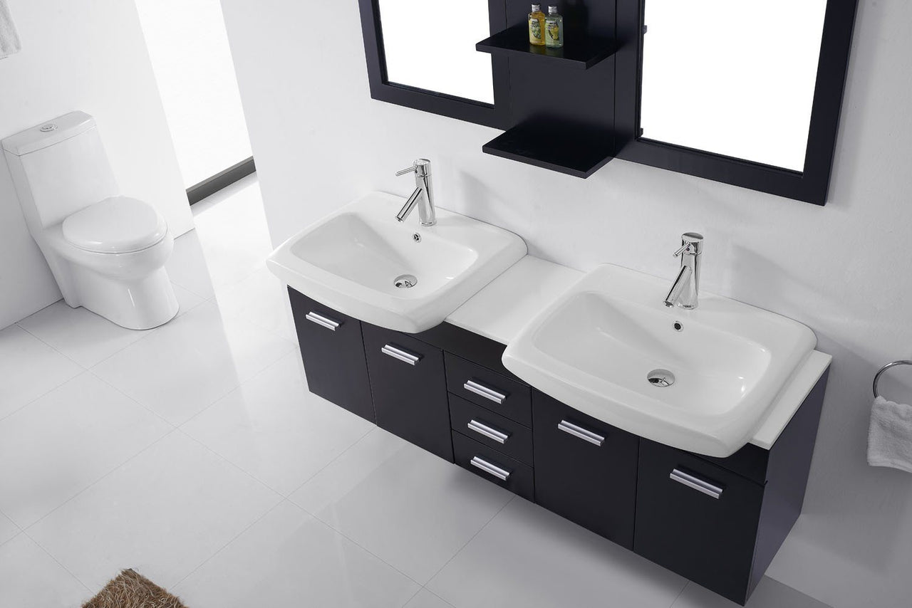 Virtu USA Ophelia 59" Double Square Sink Espresso Top Vanity in Espresso with Polished Chrome Faucet and Mirrors Vanity Virtu USA 