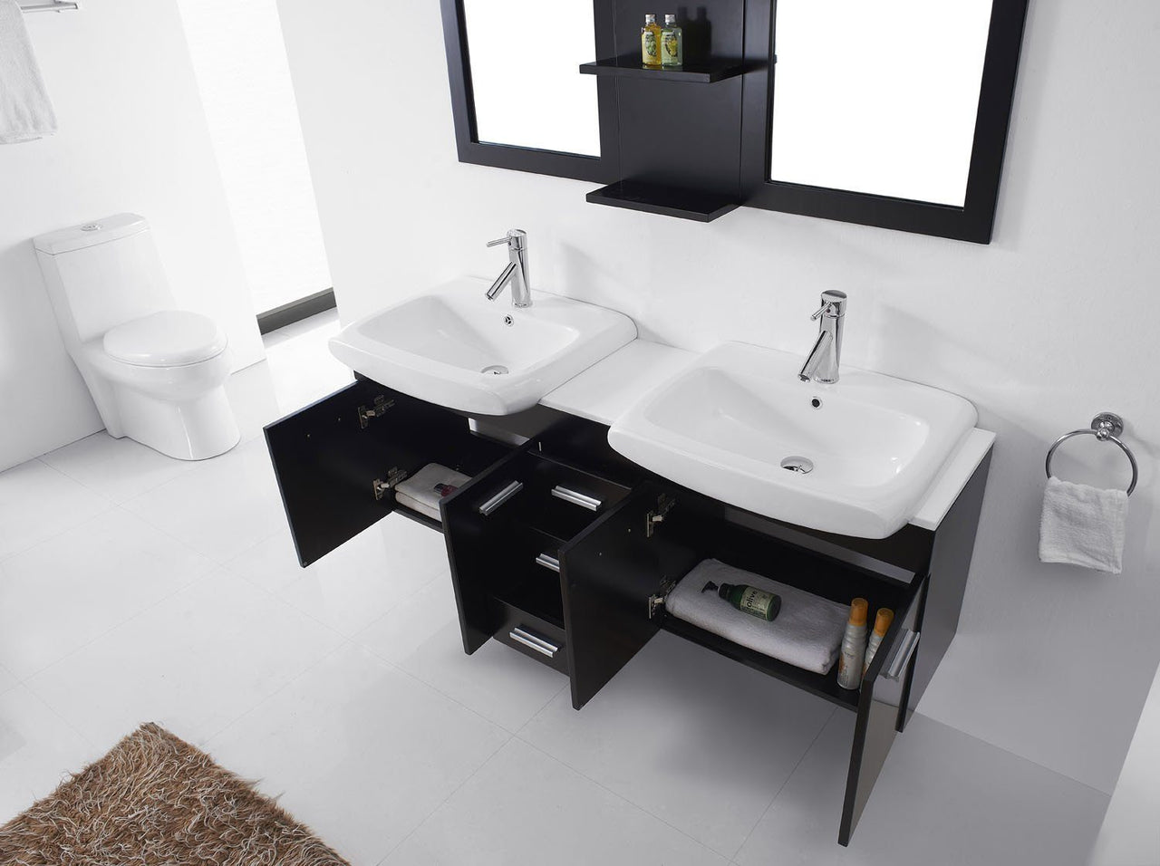 Virtu USA Ophelia 59" Double Square Sink Espresso Top Vanity in Espresso with Polished Chrome Faucet and Mirrors Vanity Virtu USA 