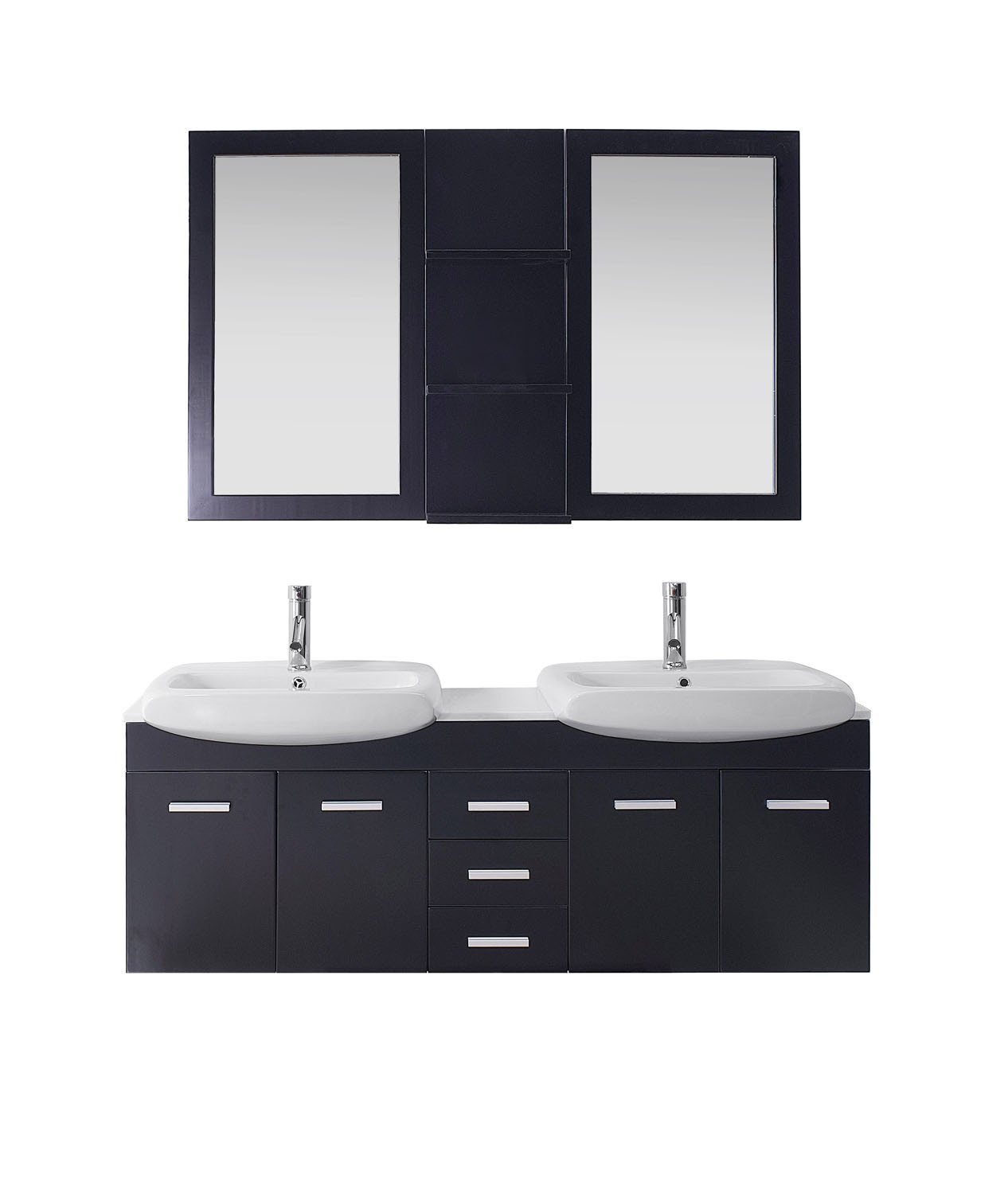 Virtu USA Ophelia 59" Double Square Sink Espresso Top Vanity in Espresso with Polished Chrome Faucet and Mirrors Vanity Virtu USA 