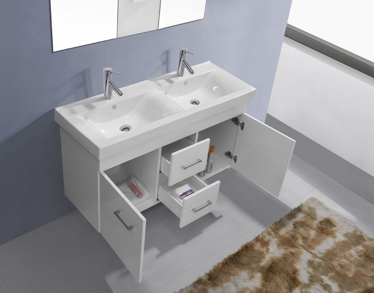 Virtu USA Opal 48" Double Square Sink White Top Vanity in White with Polished Chrome Faucet and Mirror Vanity Virtu USA 