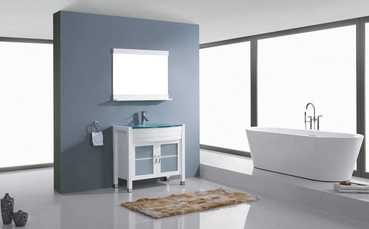 Virtu USA Ava 36" Single Round Sink White Top Vanity in White with Brushed Nickel Faucet and Mirror Vanity Virtu USA 