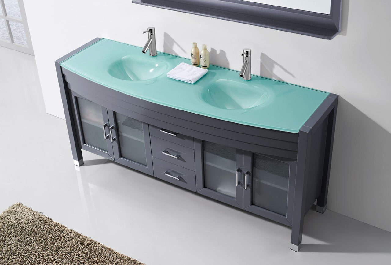 Virtu USA Ava 71" Double Round Sink Grey Top Vanity in Grey with Polished Chrome Faucet and Mirror Vanity Virtu USA 