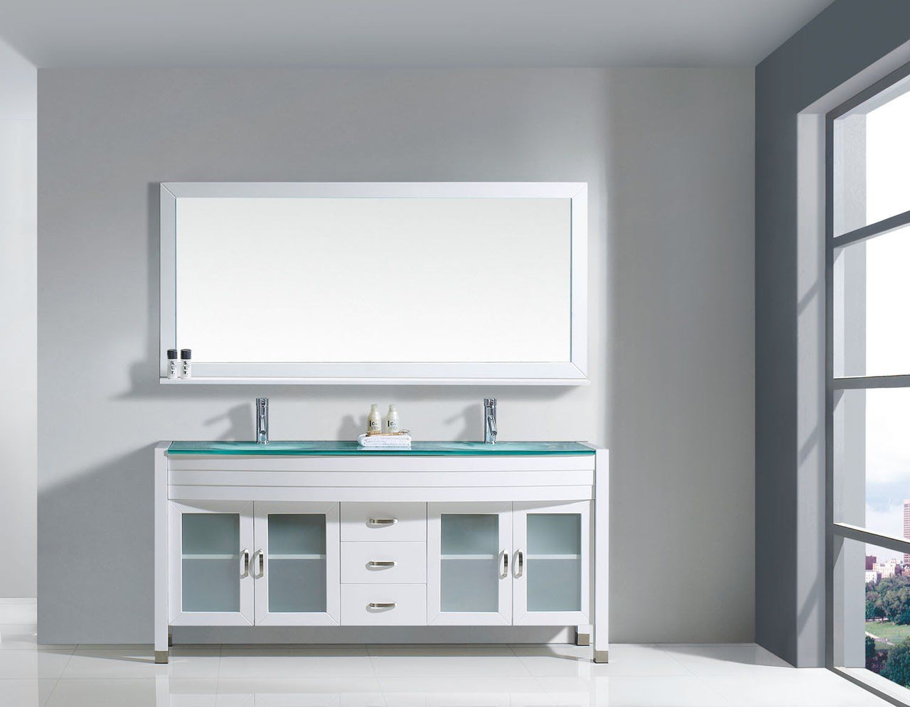 Virtu USA Ava 71" Double Round Sink White Top Vanity with Brushed Nickel Faucet and Mirror Vanity Virtu USA 