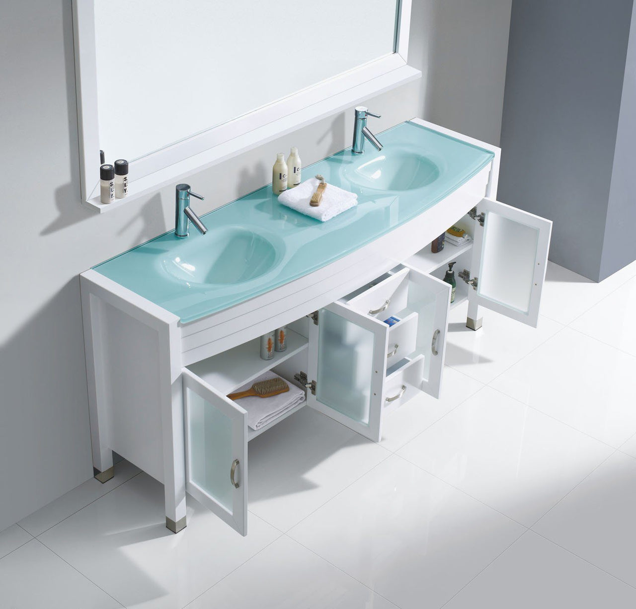 Virtu USA Ava 71" Double Round Sink White Top Vanity with Brushed Nickel Faucet and Mirror Vanity Virtu USA 
