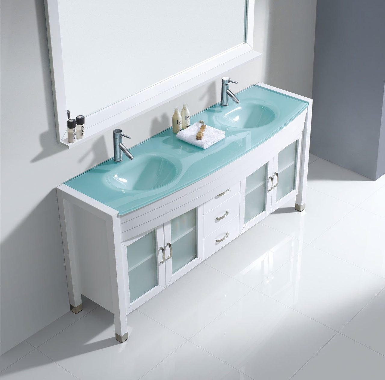 Virtu USA Ava 71" Double Round Sink White Top Vanity with Brushed Nickel Faucet and Mirror Vanity Virtu USA 