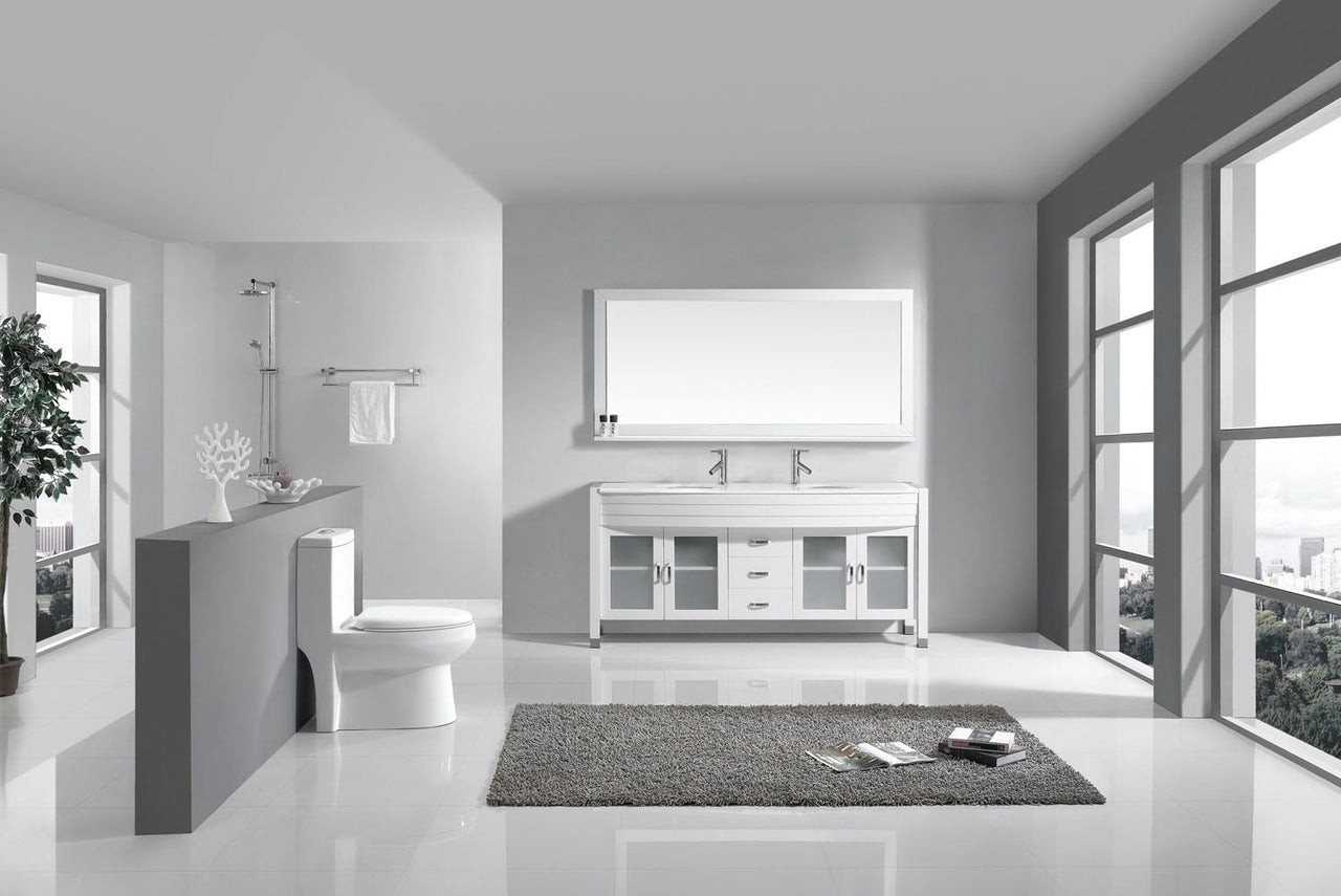 Virtu USA Ava 71" Double Round Sink White Top Vanity in White with Polished Chrome Faucet and Mirror Vanity Virtu USA 