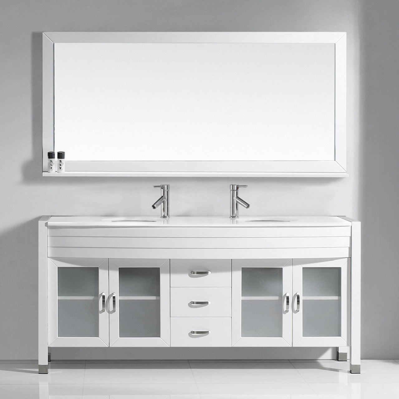 Virtu USA Ava 71" Double Round Sink White Top Vanity in White with Polished Chrome Faucet and Mirror Vanity Virtu USA 