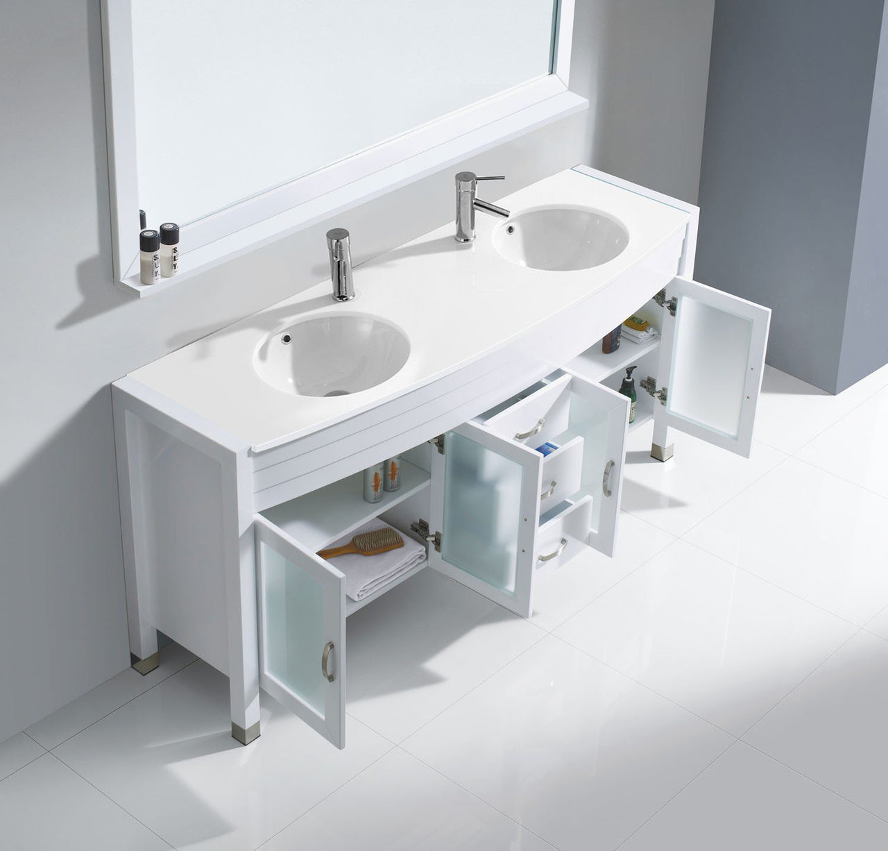 Virtu USA Ava 71" Double Round Sink White Top Vanity in White with Polished Chrome Faucet and Mirror Vanity Virtu USA 
