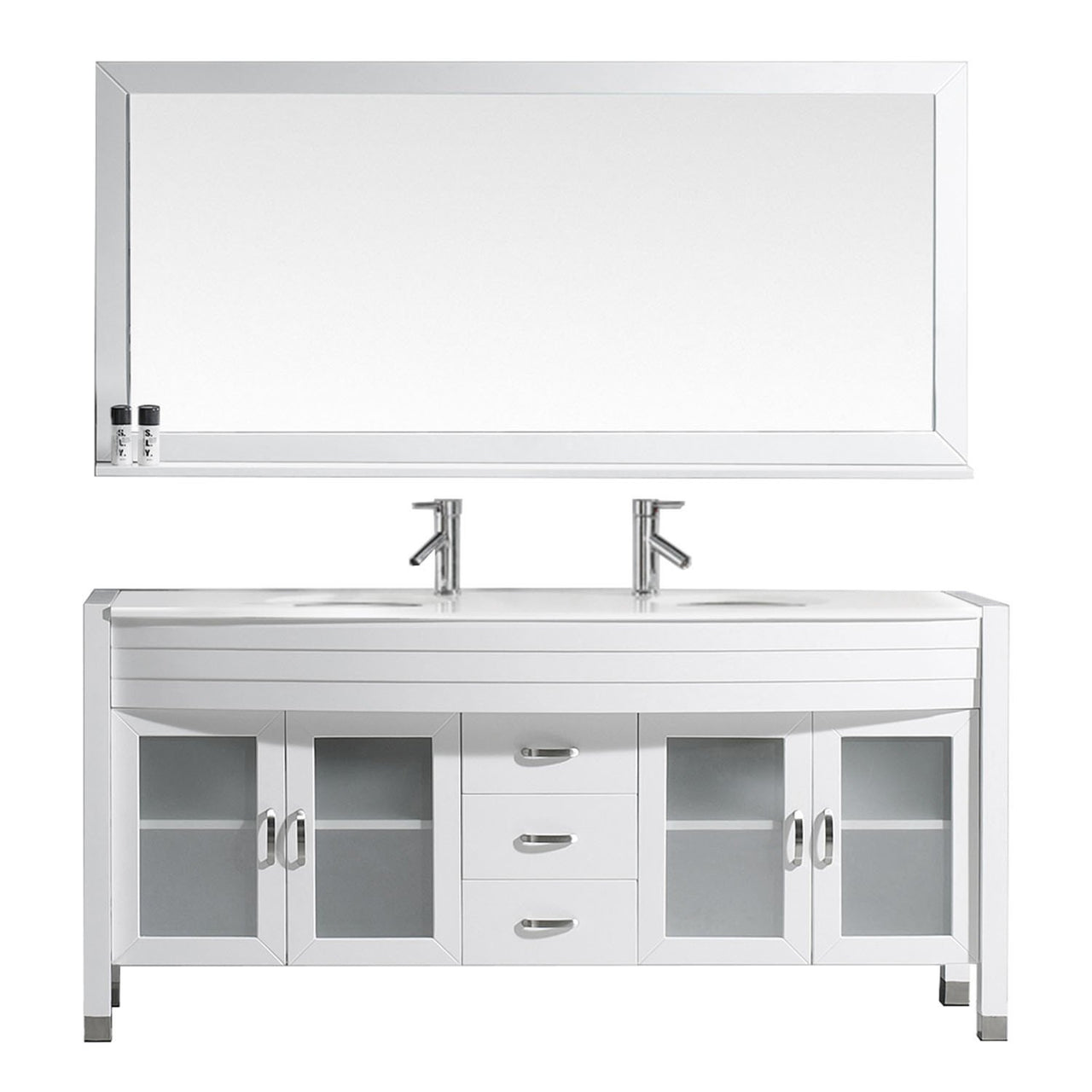 Virtu USA Ava 71" Double Round Sink White Top Vanity in White with Polished Chrome Faucet and Mirror Vanity Virtu USA 