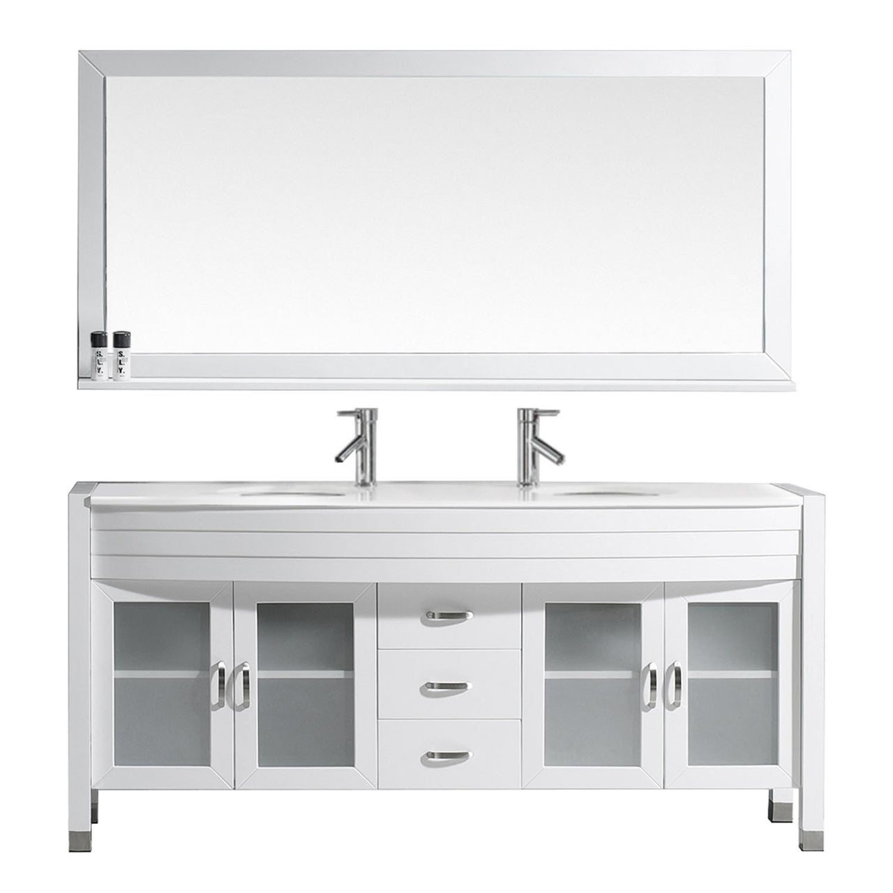 Virtu USA Ava 71" Double Round Sink White Top Vanity in White with Polished Chrome Faucet and Mirror Vanity Virtu USA 