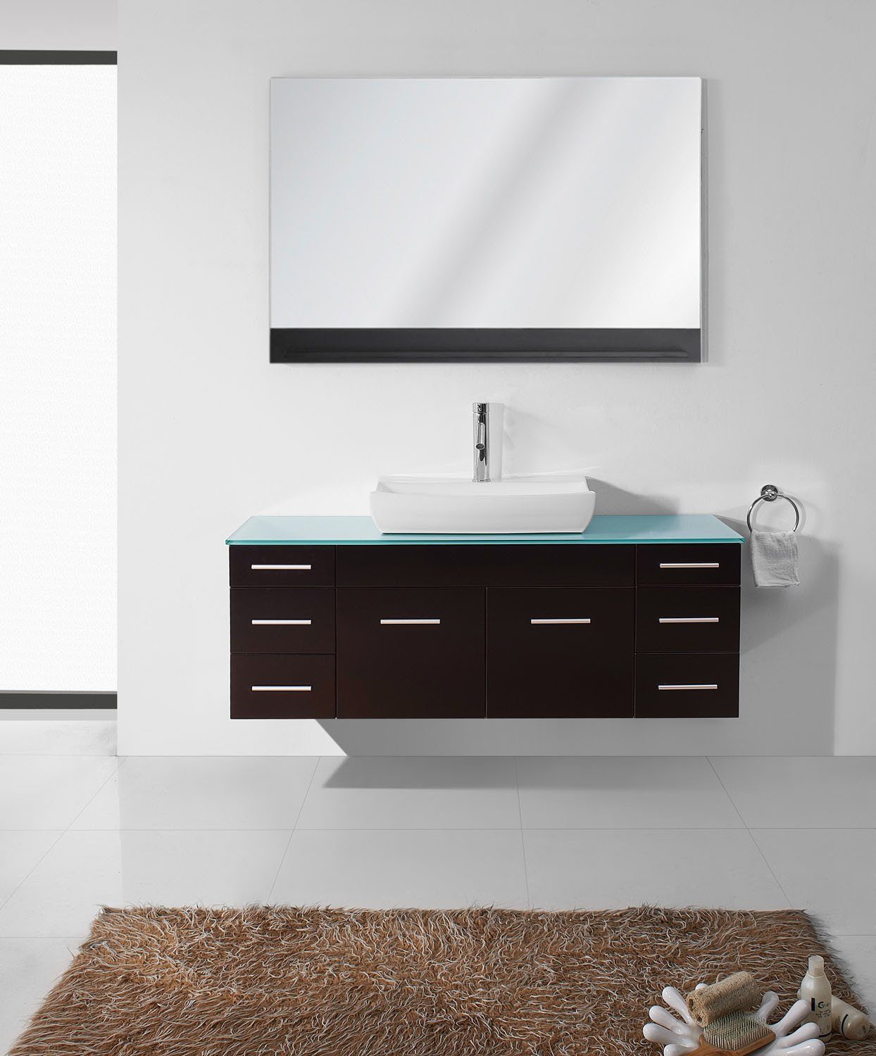Virtu Biagio 56" Single Odd Sink Espresso Top with Brushed Nickel Faucet and Mirror Vanity Virtu USA 
