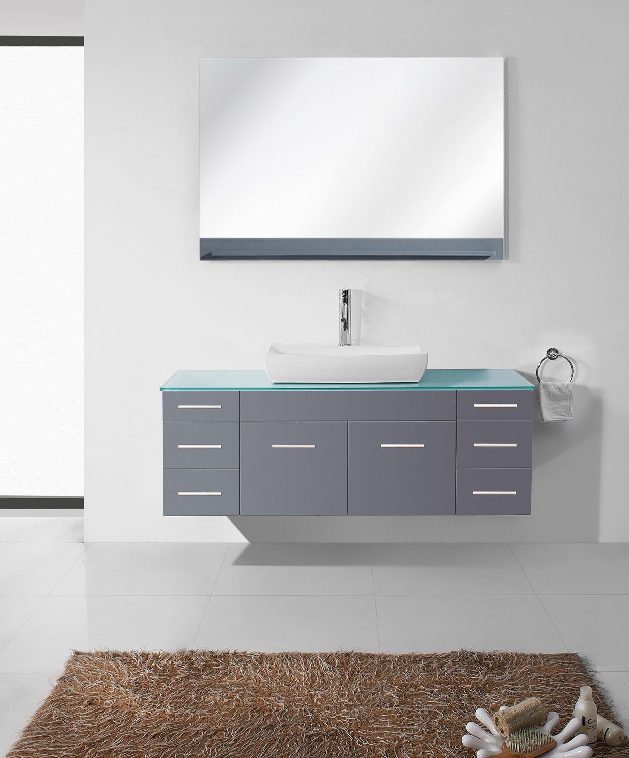 Virtu Biagio 56" Single Odd Sink Grey Top Vanity with Brushed Nickel Faucet and Mirror Vanity Virtu USA 