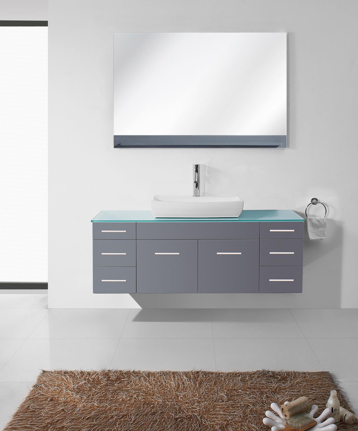 Virtu Biagio 56" Single Odd Sink Grey Top Vanity in Grey with Polished Chrome Faucet and Mirror Vanity Virtu USA 
