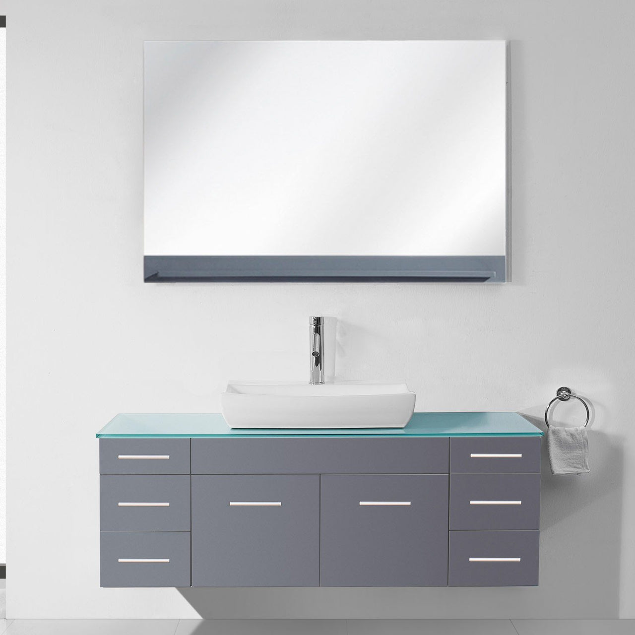 Virtu Biagio 56" Single Odd Sink Grey Top Vanity in Grey with Polished Chrome Faucet and Mirror Vanity Virtu USA 