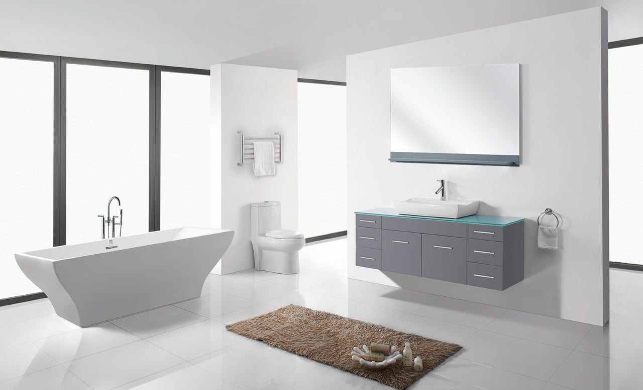 Virtu Biagio 56" Single Odd Sink Grey Top Vanity with Brushed Nickel Faucet and Mirror Vanity Virtu USA 