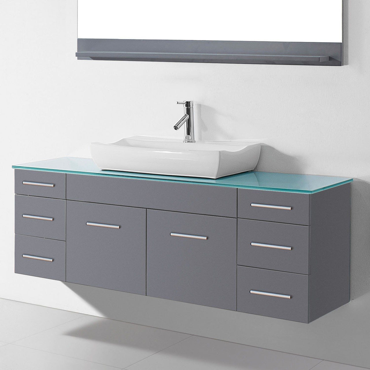 Virtu Biagio 56" Single Odd Sink Grey Top Vanity with Brushed Nickel Faucet and Mirror Vanity Virtu USA 