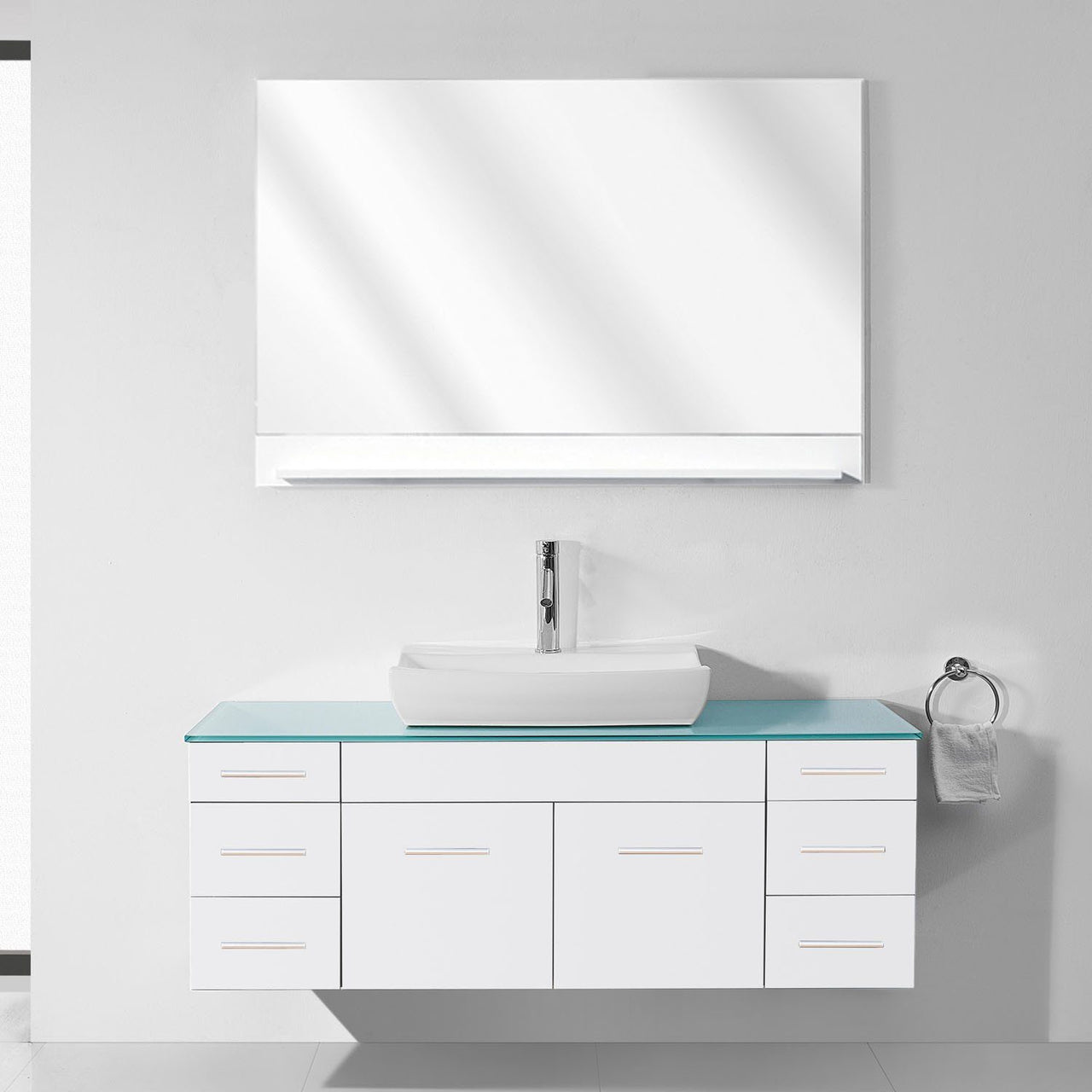 Virtu USA Biagio 56" Single Odd Sink White Top Vanity in White with Brushed Nickel Faucet and Mirror Vanity Virtu USA 