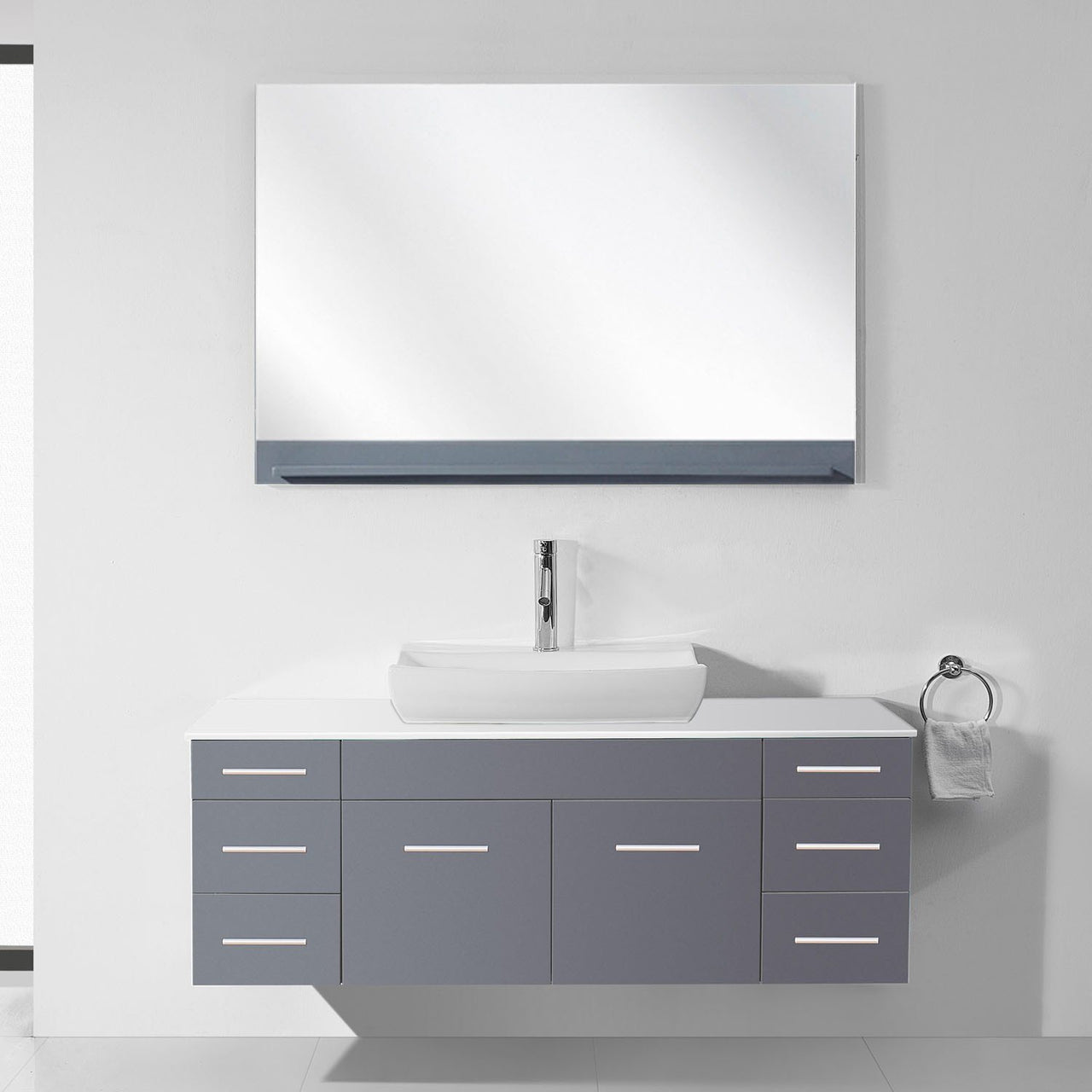 Virtu USA Biagio 56" Single Odd Sink Grey Top Vanity in Grey with Brushed Nickel Faucet and Mirror Vanity Virtu USA 