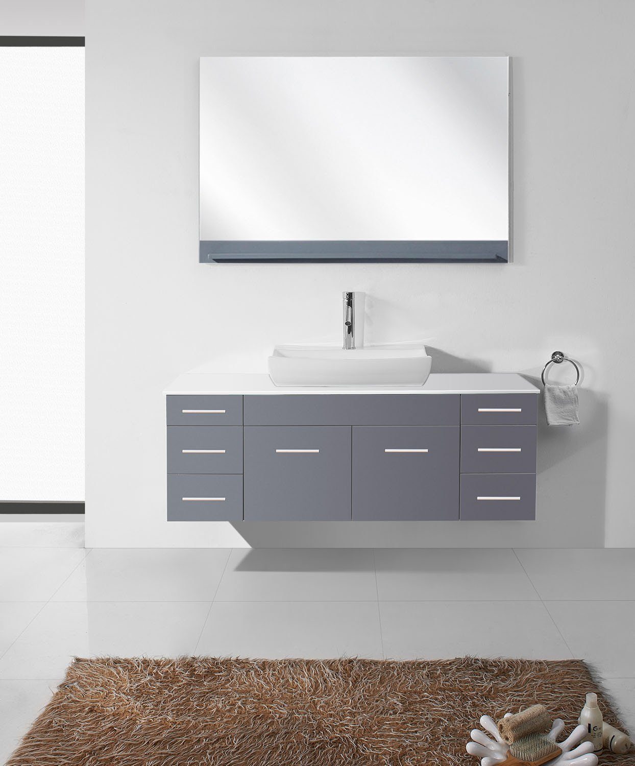 Virtu USA Biagio 56" Single Odd Sink Grey Top Vanity in Grey with Brushed Nickel Faucet and Mirror Vanity Virtu USA 