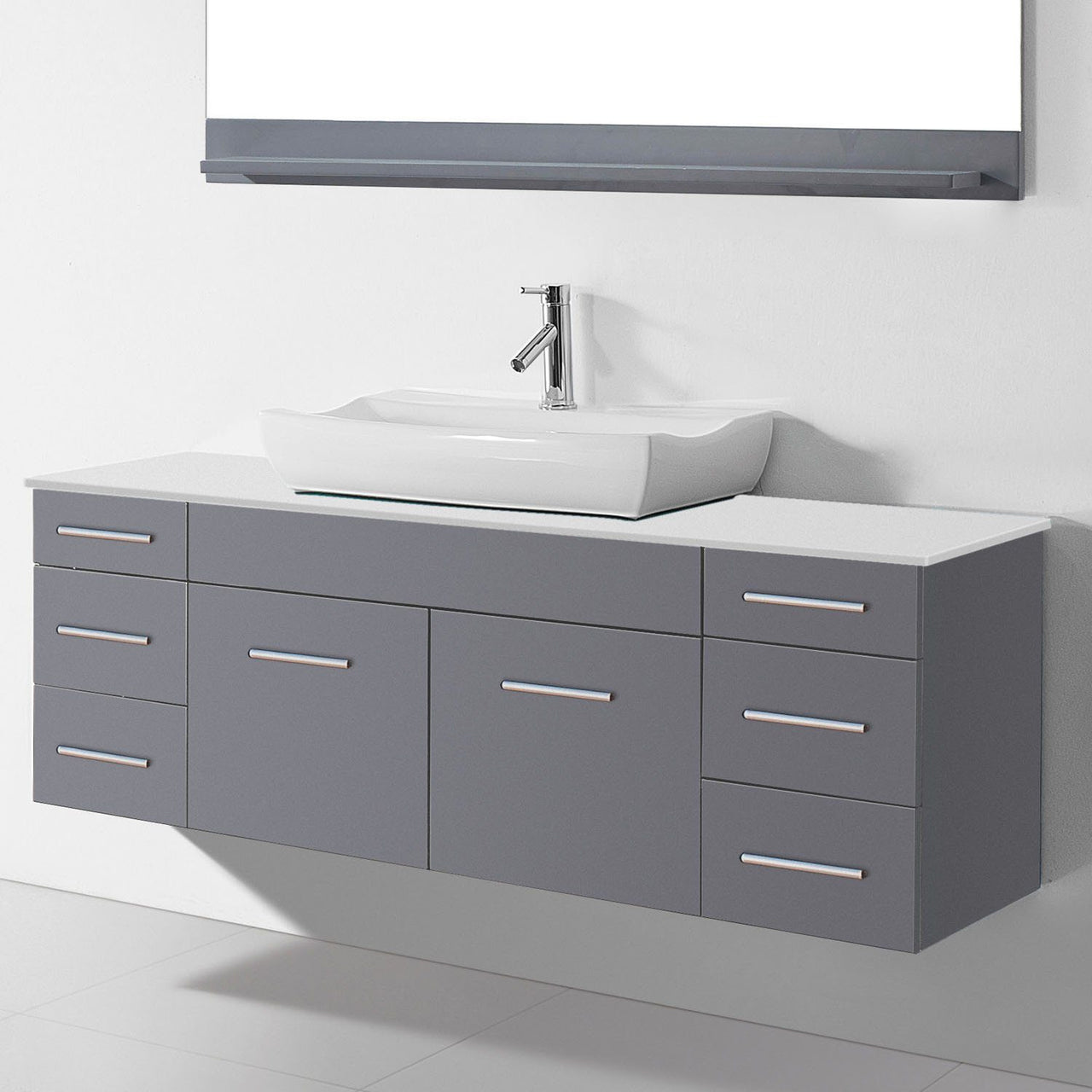 Virtu USA Biagio 56" Single Odd Sink Grey Top with Polished Chrome Faucet and Mirror Vanity Virtu USA 