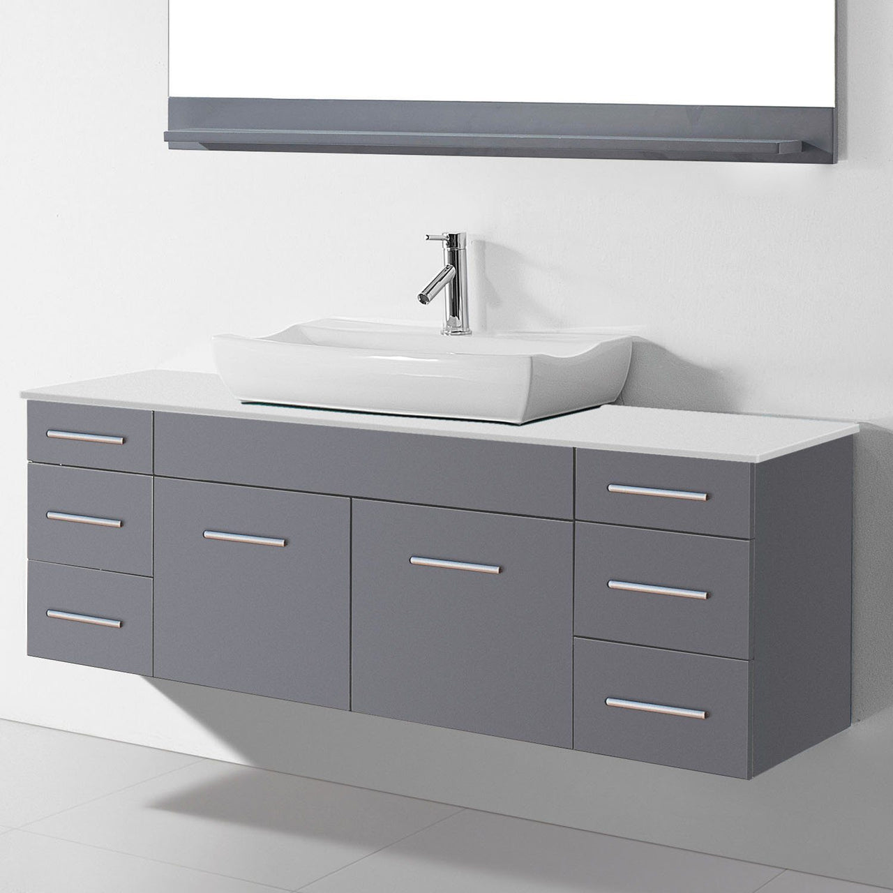 Virtu USA Biagio 56" Single Odd Sink Grey Top Vanity in Grey with Brushed Nickel Faucet and Mirror Vanity Virtu USA 