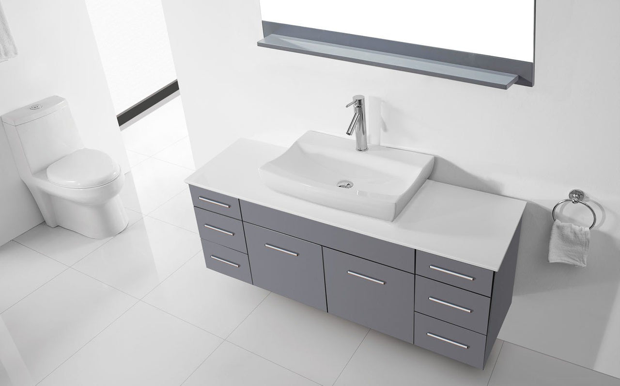 Virtu USA Biagio 56" Single Odd Sink Grey Top Vanity in Grey with Brushed Nickel Faucet and Mirror Vanity Virtu USA 