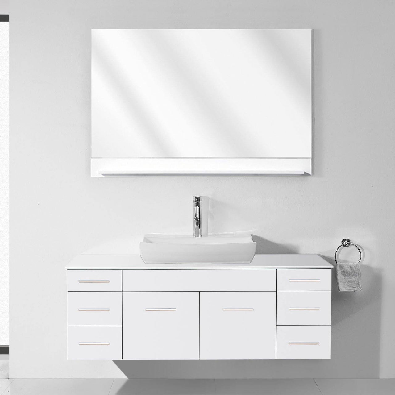 Virtu USA Biagio 56" Single Odd Sink White Top with Polished Chrome Faucet and Mirror Vanity Virtu USA 