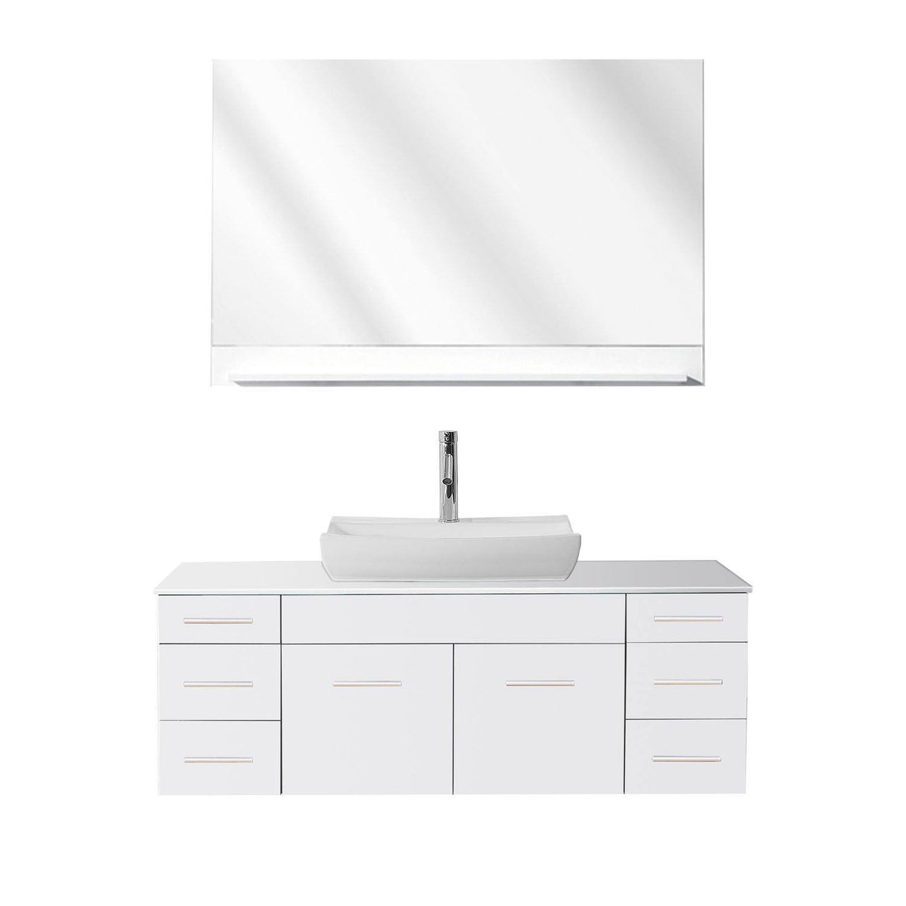 Virtu USA Biagio 56" Single Odd Sink White Top with Polished Chrome Faucet and Mirror Vanity Virtu USA 