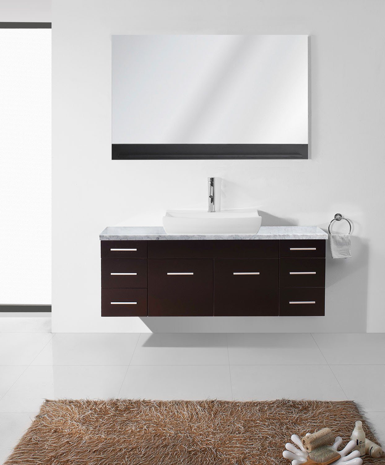 Virtu USA Biagio 56" Single Odd Sink Espresso Top Vanity in Espresso with Polished Chrome Faucet and Mirror Vanity Virtu USA 