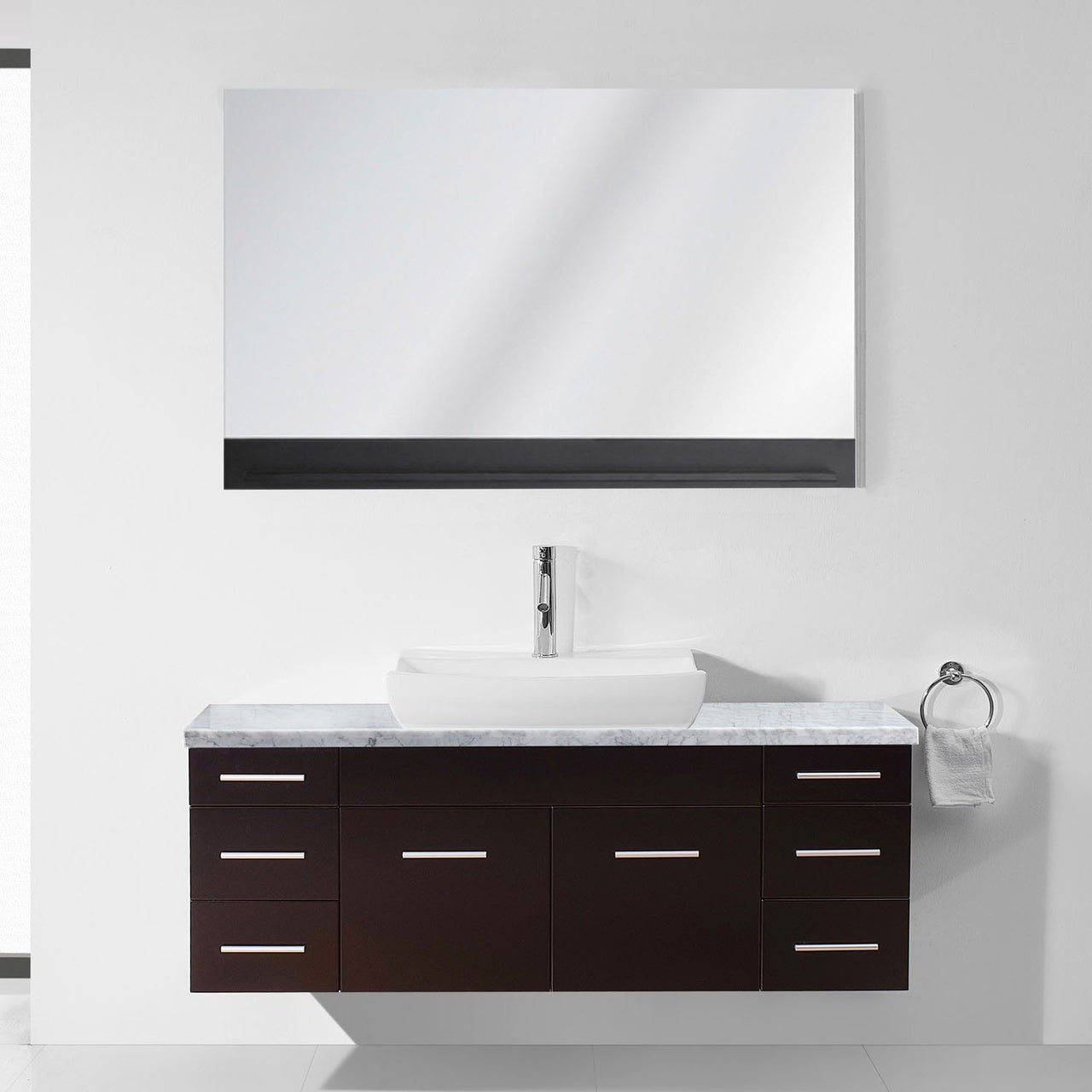 Virtu USA Biagio 56" Single Odd Sink Espresso Top Vanity in Espresso with Polished Chrome Faucet and Mirror Vanity Virtu USA 