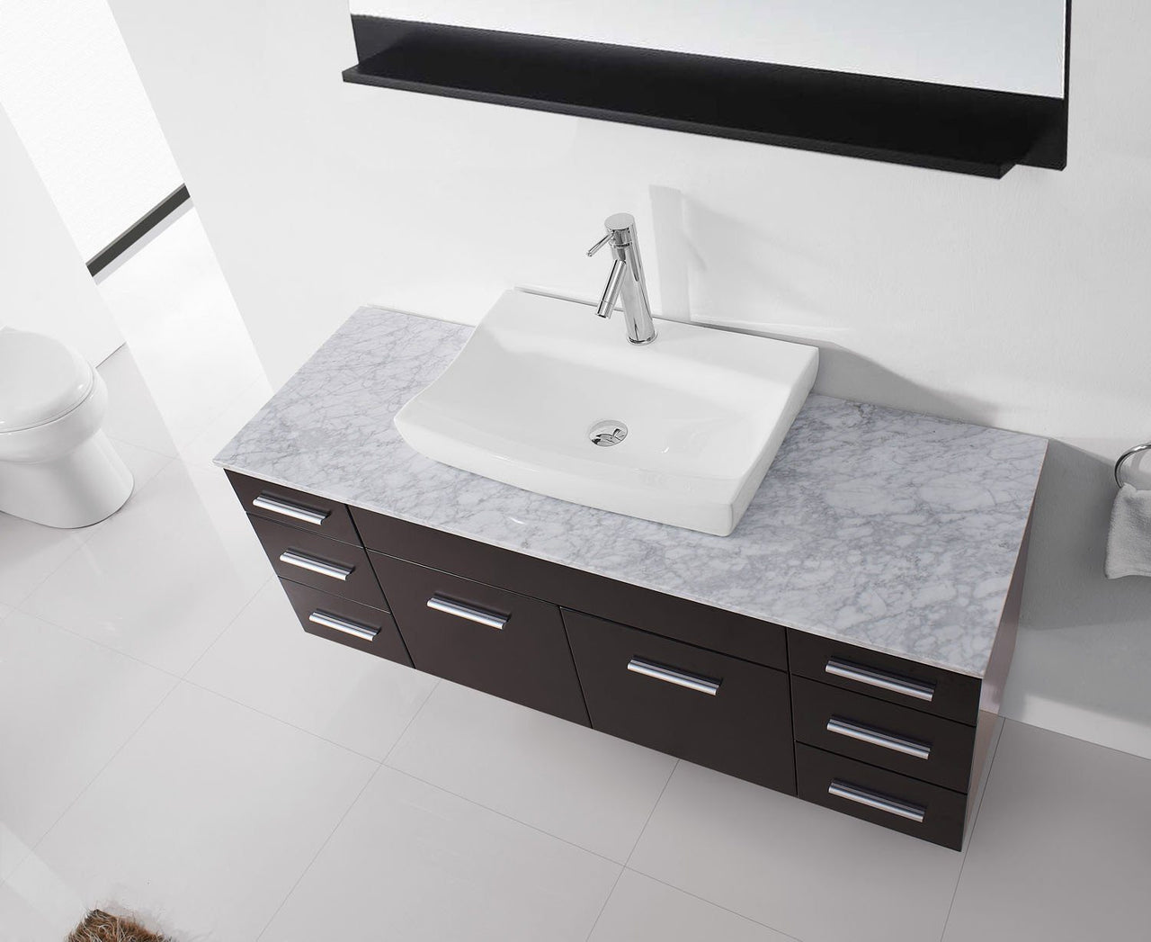 Virtu USA Biagio 56" Single Odd Sink Espresso Top Vanity in Espresso with Polished Chrome Faucet and Mirror Vanity Virtu USA 