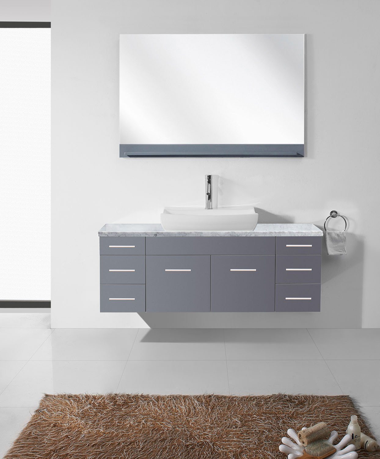Virtu USA Biagio 56" Single Odd Sink Grey Top with Brushed Nickel Faucet and Mirror Vanity Virtu USA 