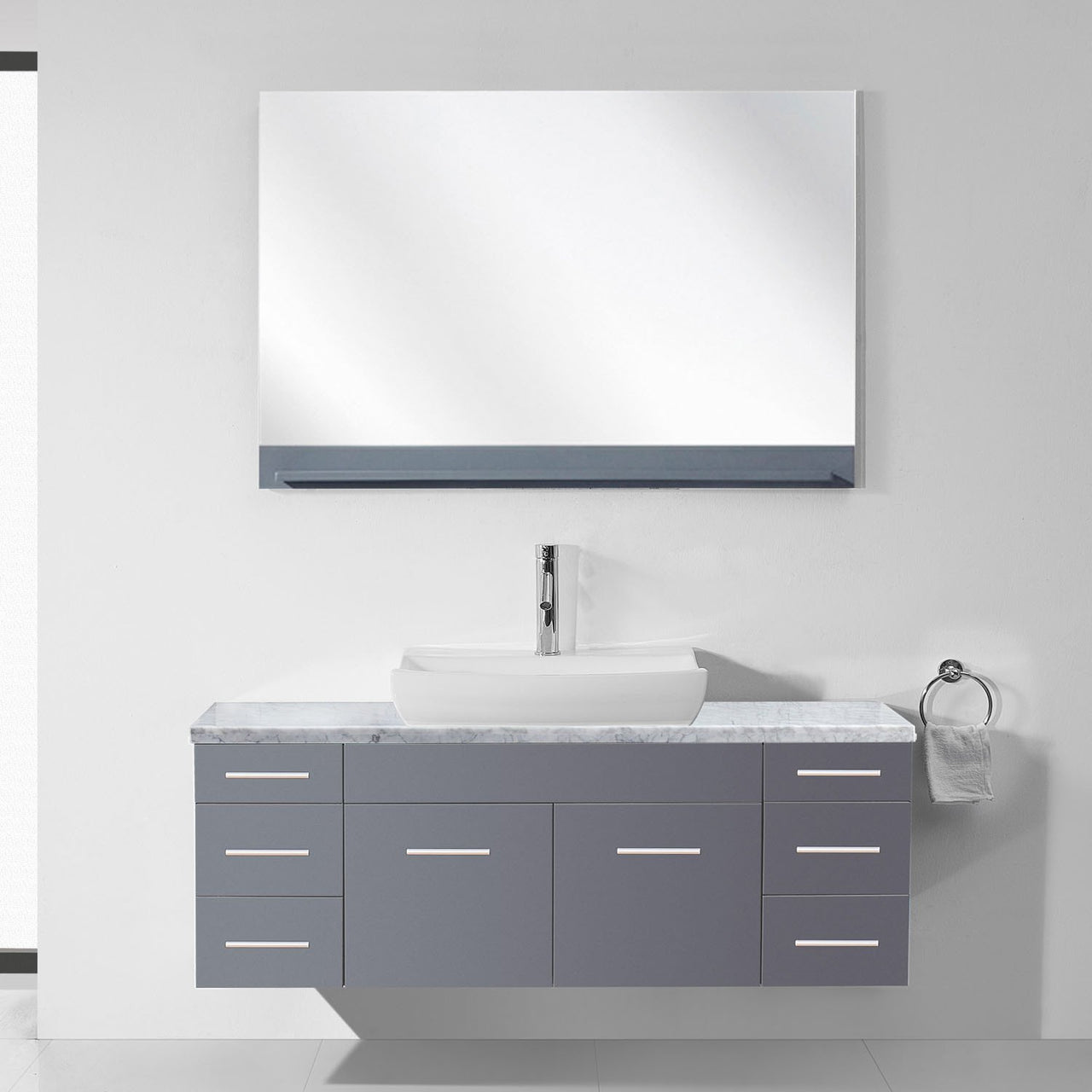 Virtu USA Biagio 56" Single Odd Sink Grey Top Vanity in Grey with Polished Chrome Faucet and Mirror Vanity Virtu USA 