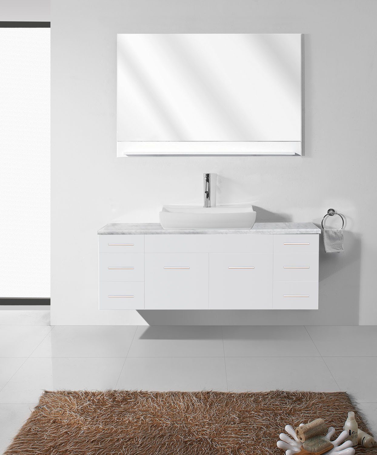 Virtu USA Biagio 56" Single Odd Sink White Top with Polished Chrome Faucet and Mirror Vanity Virtu USA 