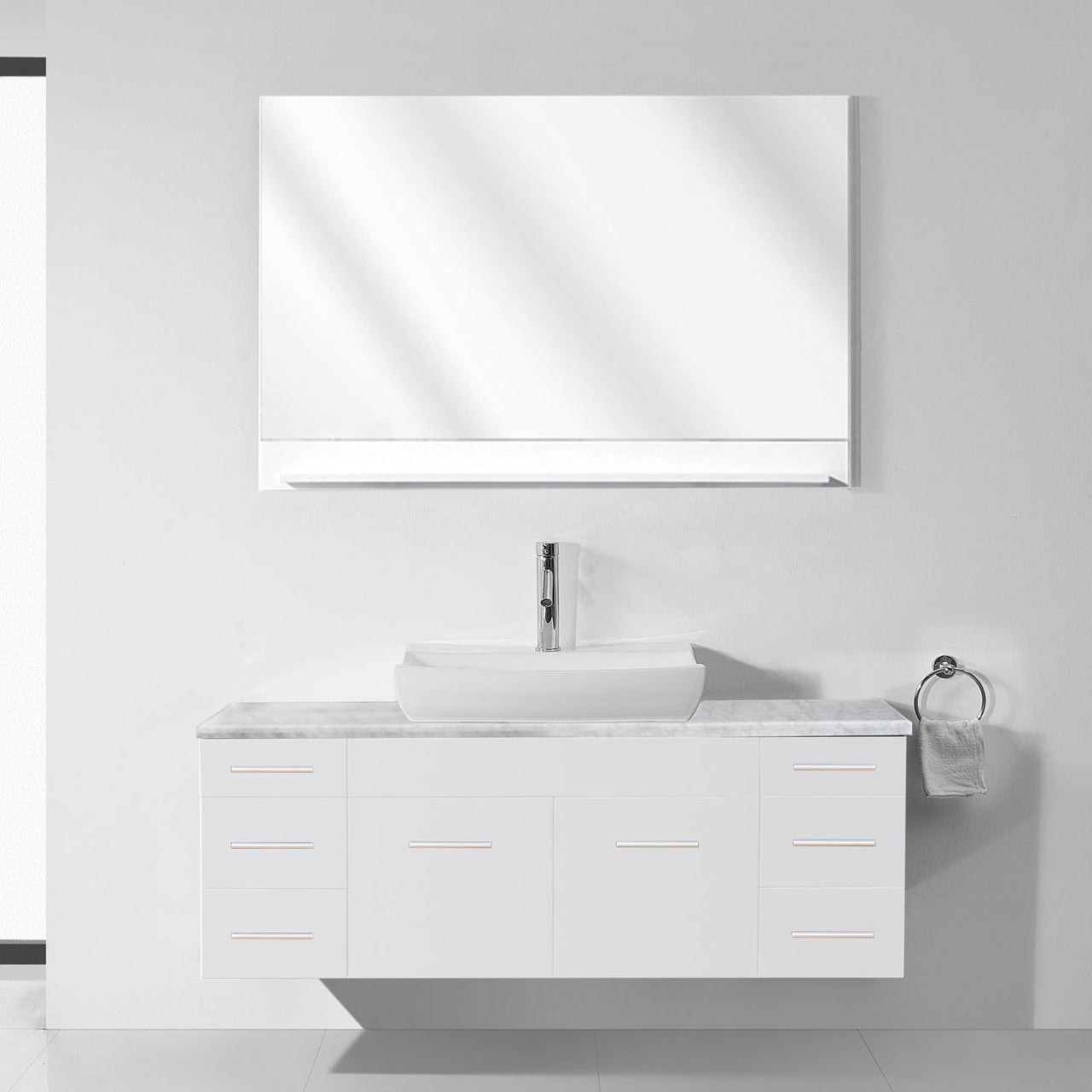 Virtu USA Biagio 56" Single Odd Sink White Top with Polished Chrome Faucet and Mirror Vanity Virtu USA 