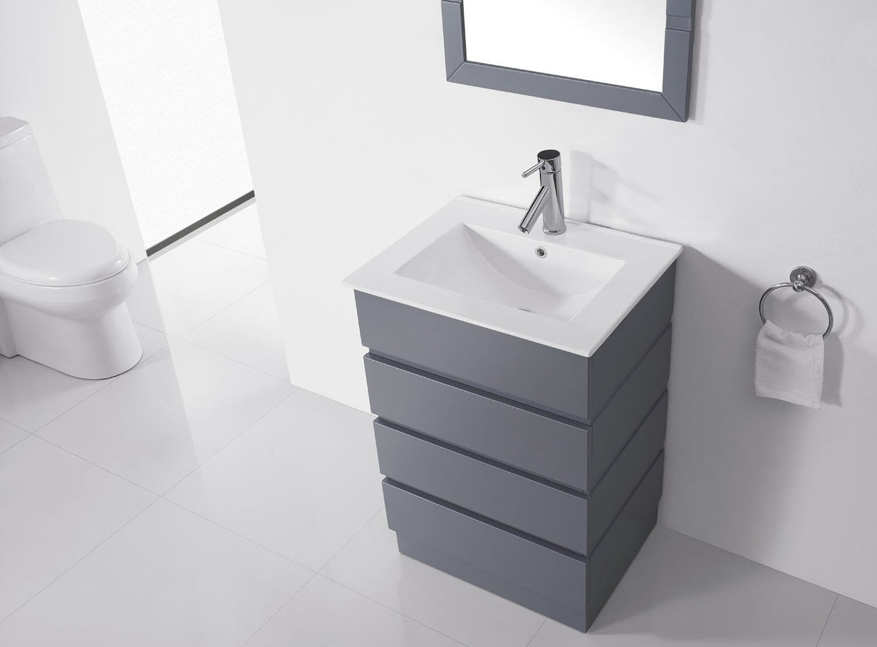 Virtu USA Bruno 24" Single Square Sink Grey Top Vanity in Grey with Polished Chrome Faucet and Mirror Vanity Virtu USA 