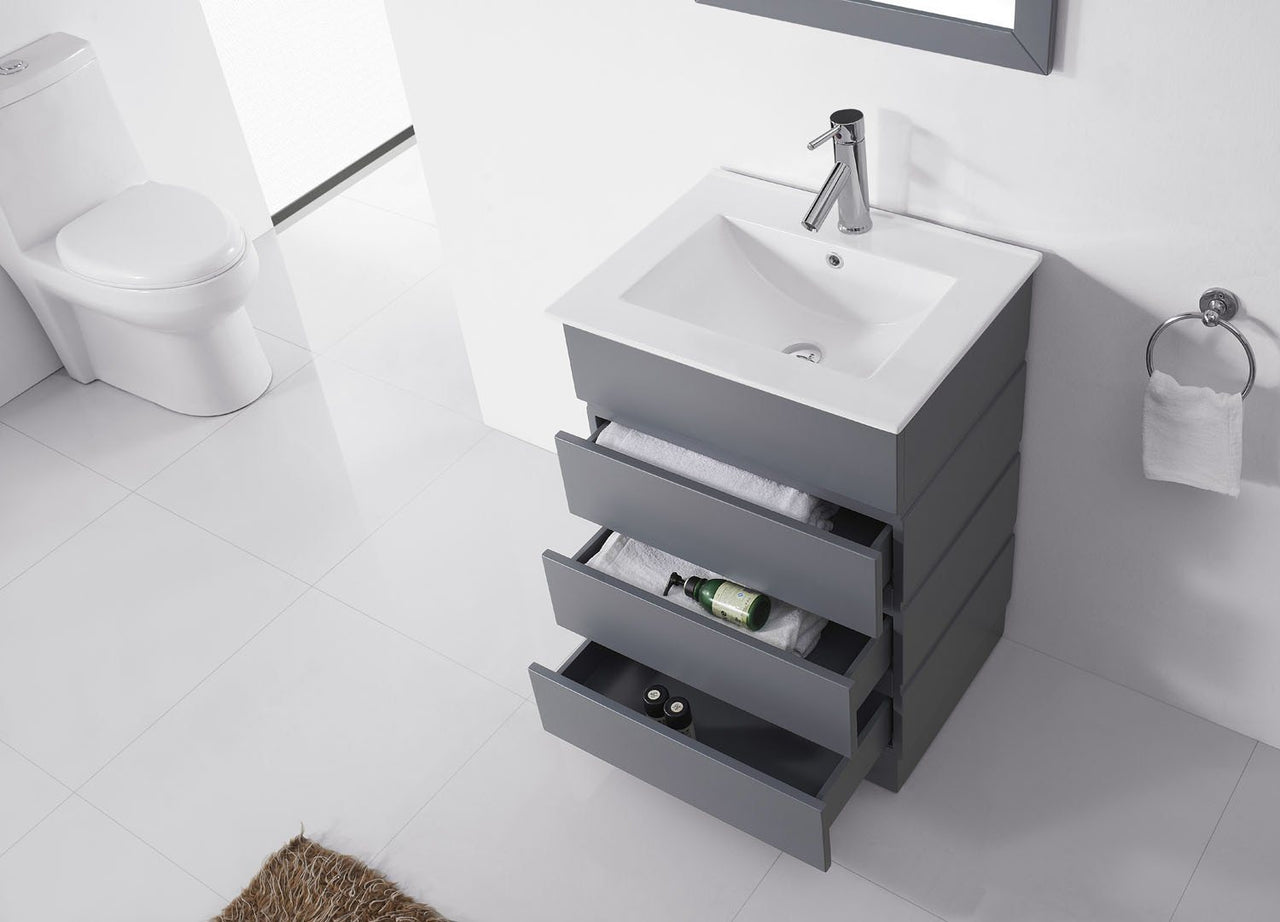 Virtu USA Bruno 24" Single Square Sink Grey Top Vanity in Grey with Polished Chrome Faucet and Mirror Vanity Virtu USA 