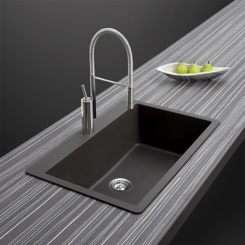 Houzer MIDNITE Quartztone Series Granite Topmount Large Single Bowl Kitchen Sink, Black Kitchen Sink - Topmount Houzer 
